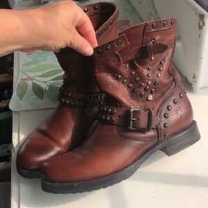 Frye Veronica cognac leather moto boots.